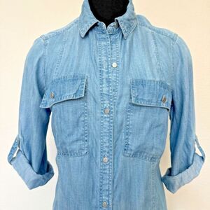 Jones‎ New York Shirt Dress Women 6 Blue Chambray Pockets High Low Midi Dress